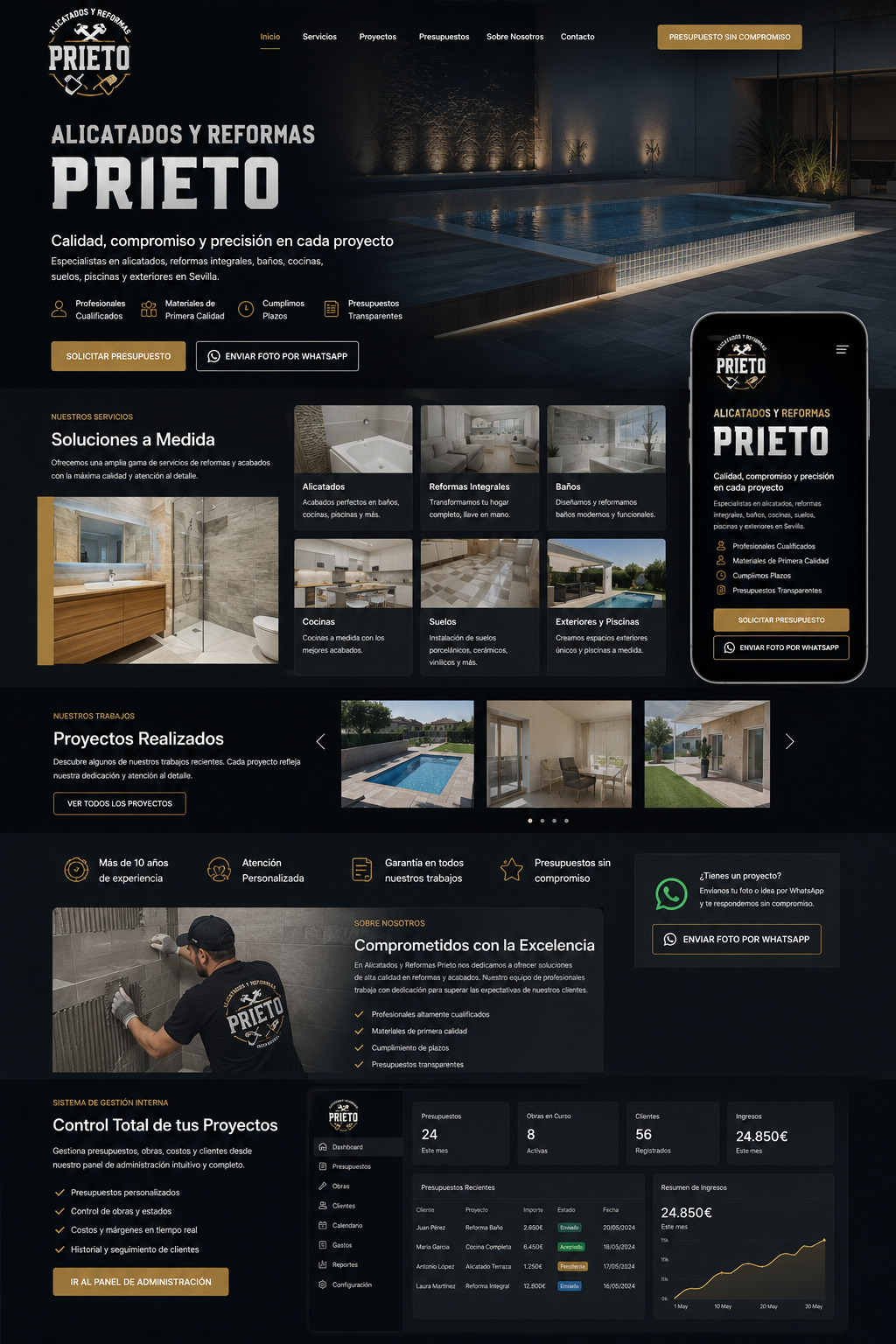 Vista conceptual premium del sitio web de Reformas Prieto